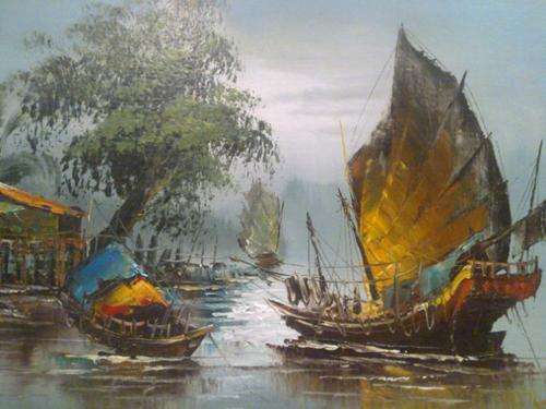 Chinese boats in rural scene